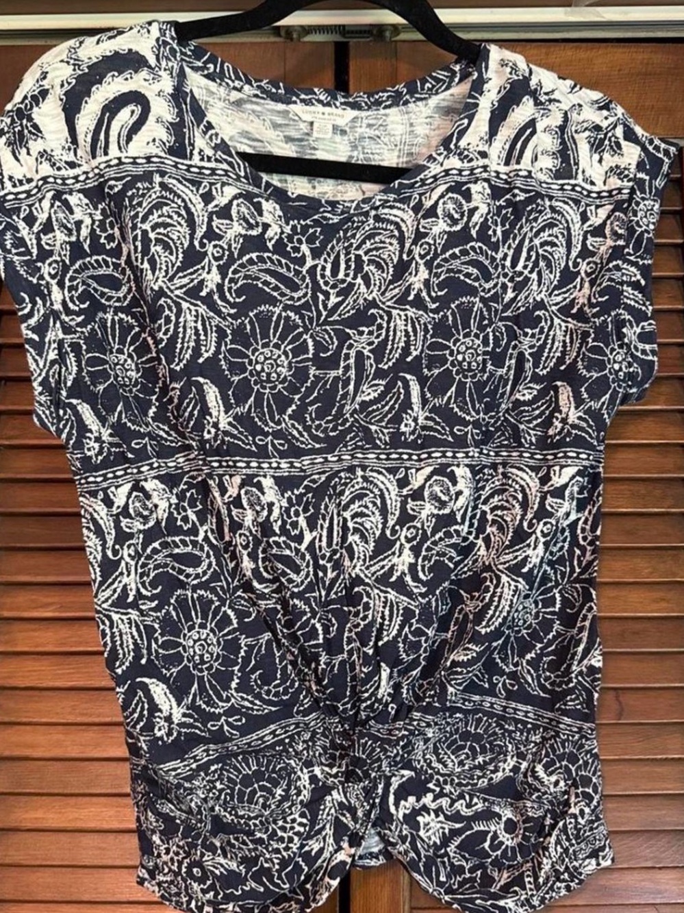 Lucky Brand Navy and White Floral Tie-Front Short Sleeve Top